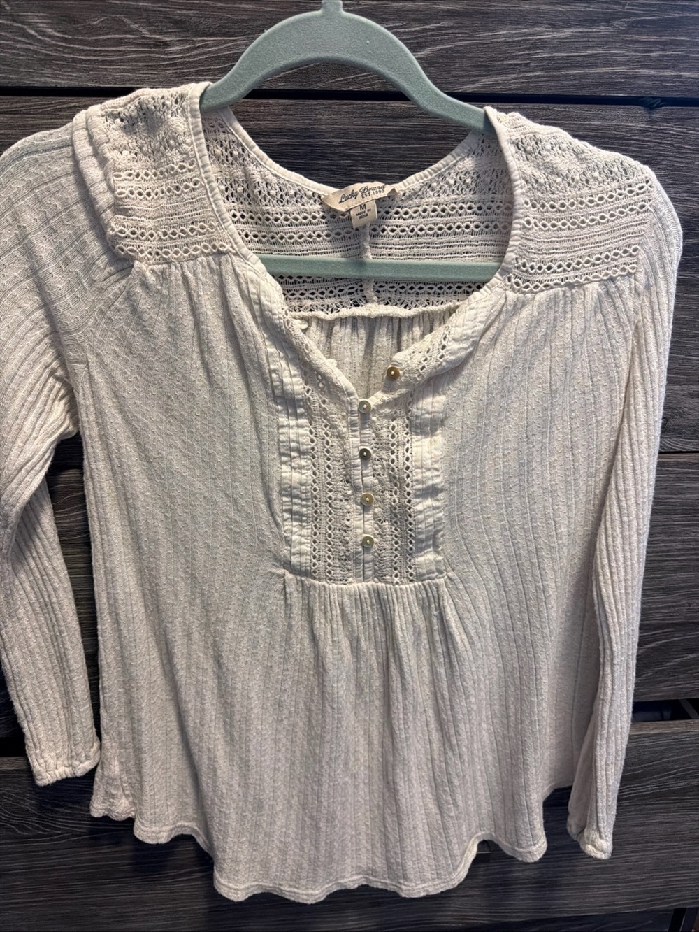 Lucky Brand Cream Lace-Trim Long Sleeve Peasant Blouse